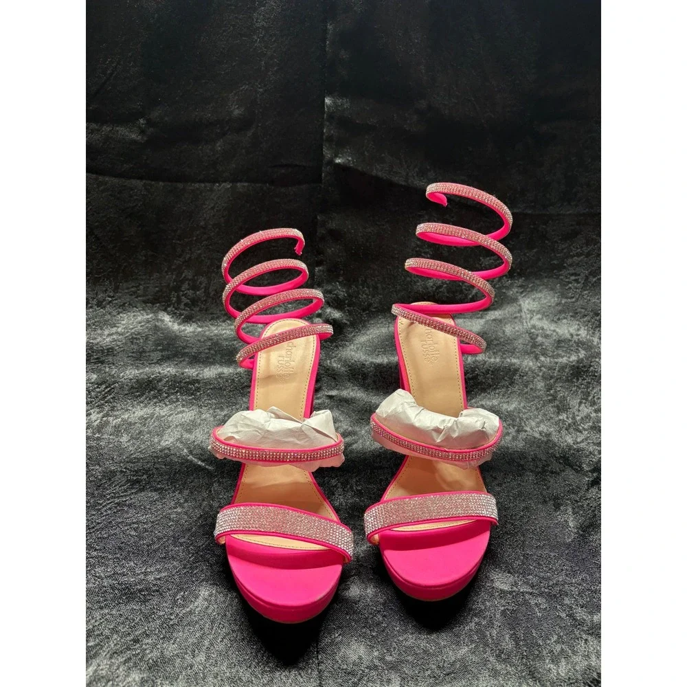 Charlotte Russe Hot Pink Rhinestone Spiral Wrap Around Block Heel Sandals Size 8